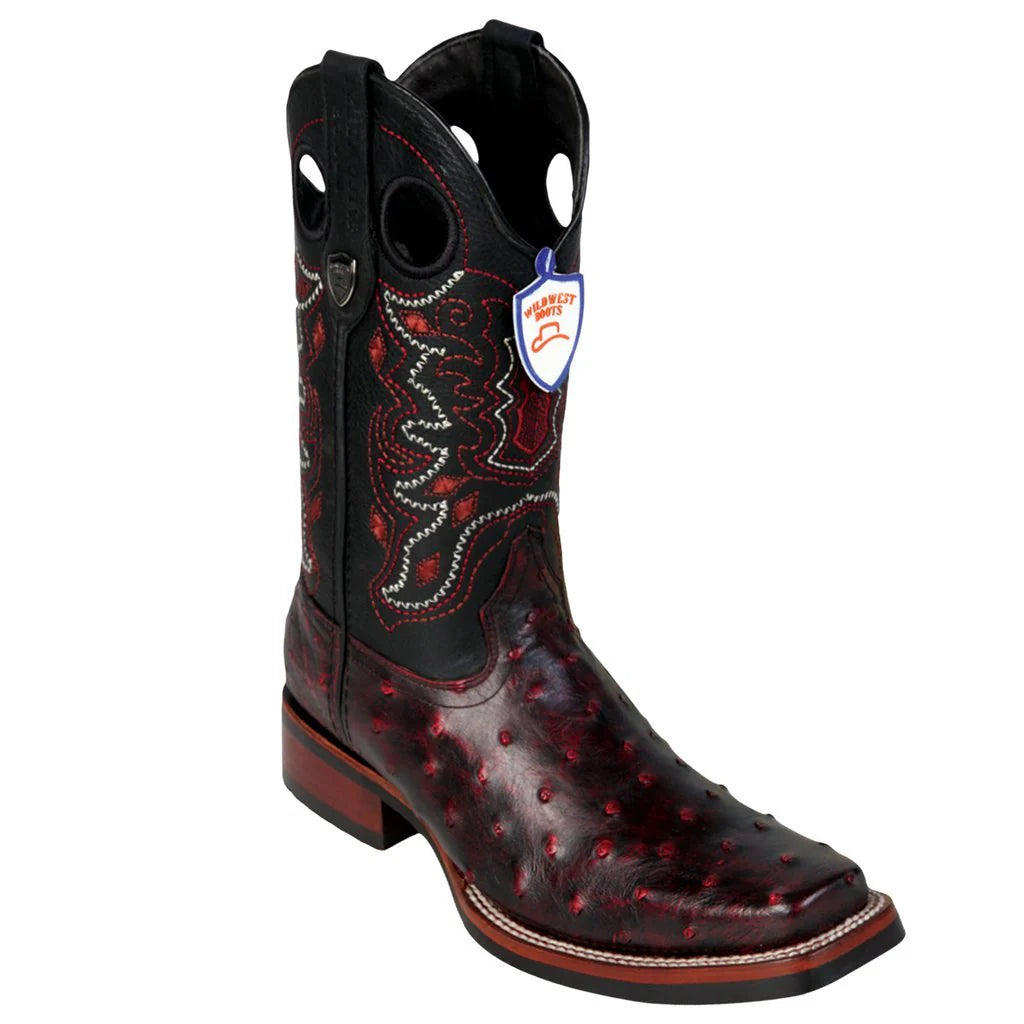 WWB Genuine Ostrich Square Toe Boot with a Rubber Sole in Blackcherry