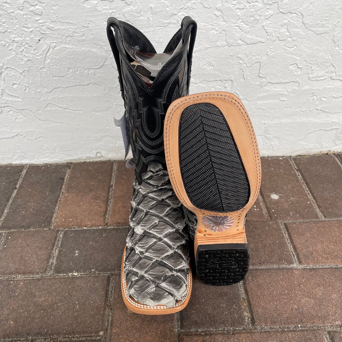 Genuine Pirarucu Wide Square Toe Boots in Ghost