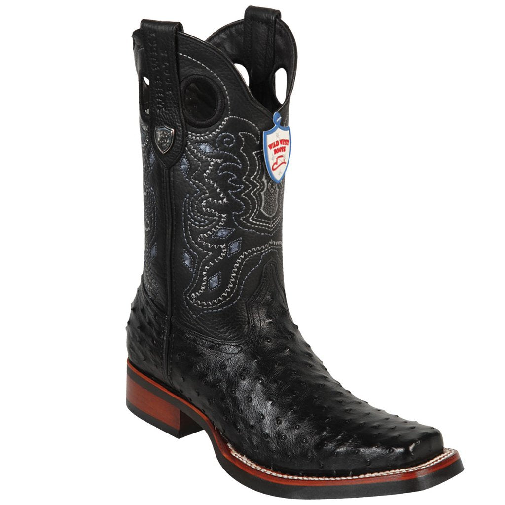 WWB Genuine Ostrich Square Toe Boot with a Rubber Sole in Black