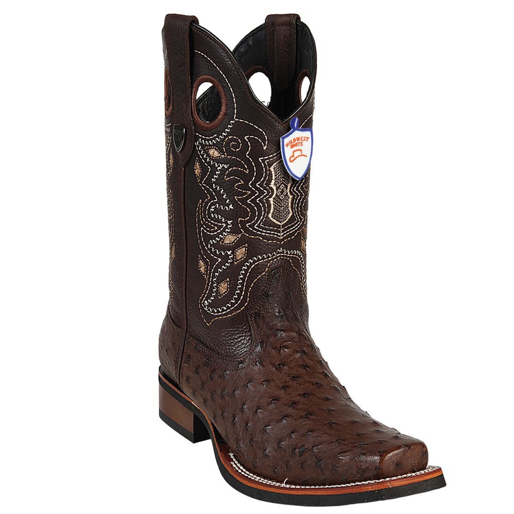 WWB Genuine Ostrich Square Toe Boot with a Rubber Sole in Brown