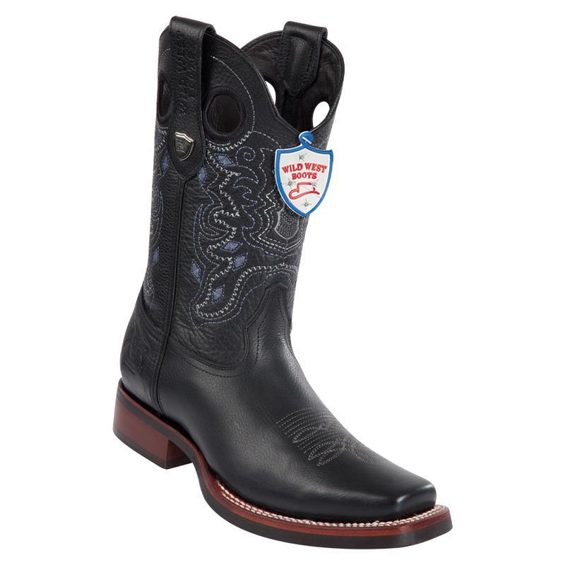 Genuine Leather Square Toe Boot with Rubber Outsole in Pull Up Black