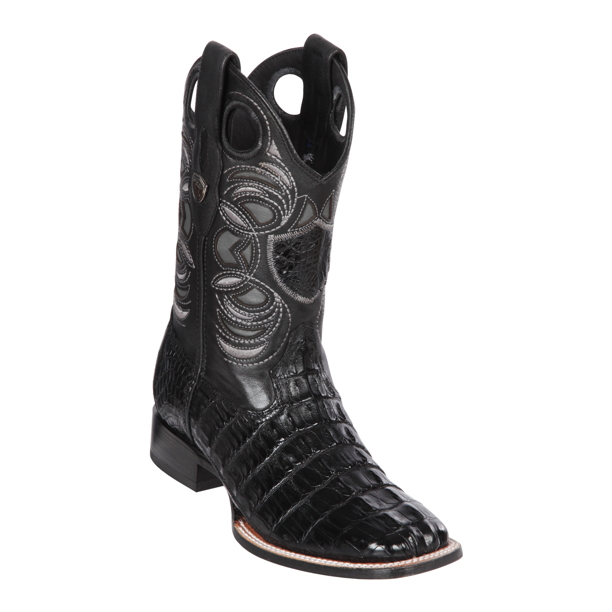 Genuine Caiman Tail Wide Square Toe Boot in Black