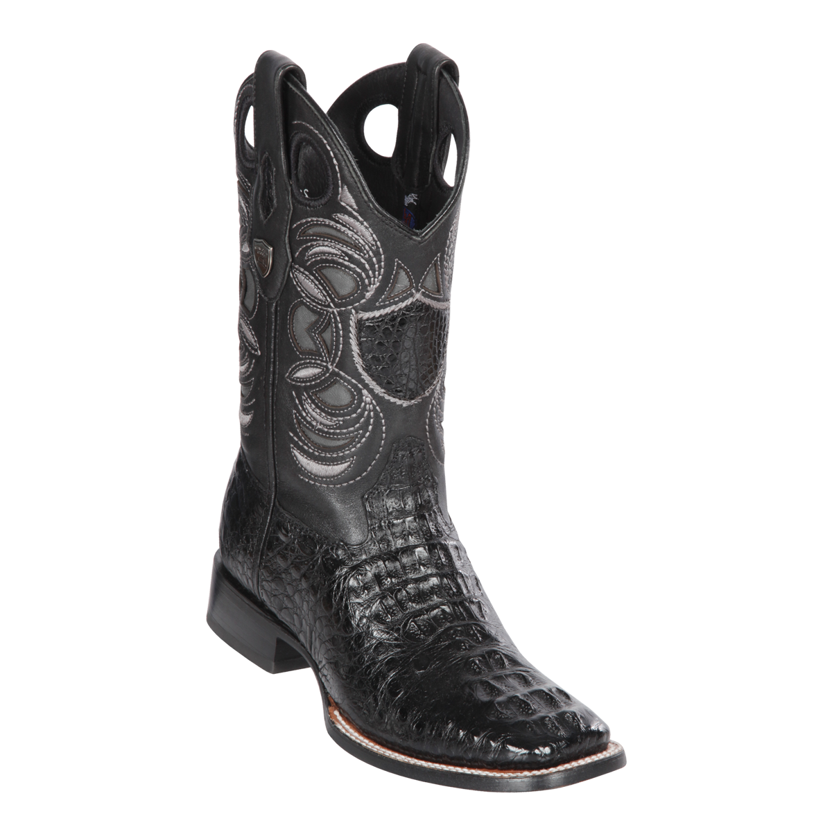 Genuine Caiman Hornback Wide Square Toe Boot in Black