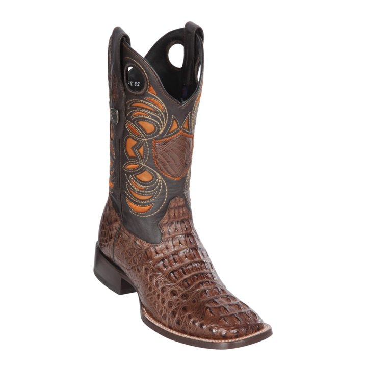 Genuine Caiman Hornback Wide Square Toe Boot in Brown