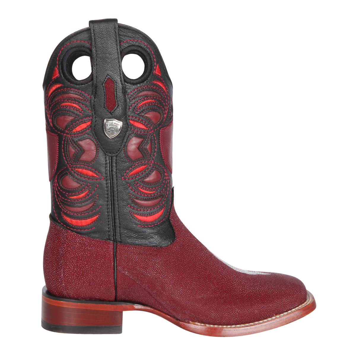 Genuine Single Stone Stingray Wide Square Toe Boot in Burgundy