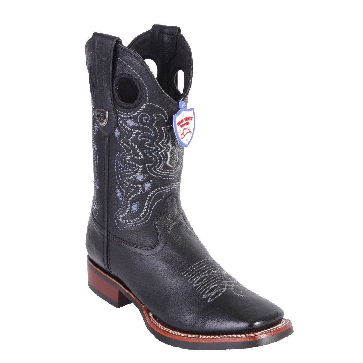 Genuine Leather Wide Square Toe Boot with a Rubber Sole in Black