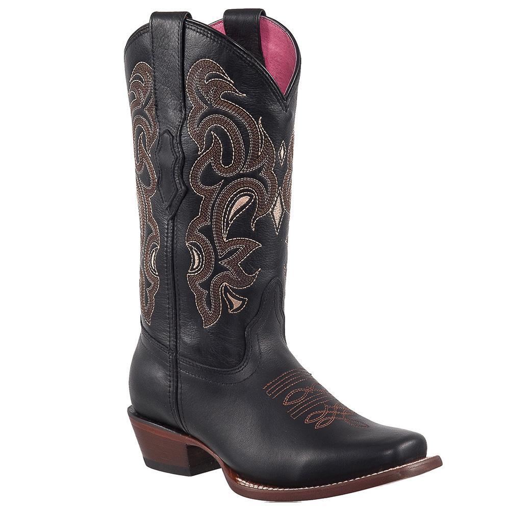 Grasso Leather Square Toe Boot in Black w/ Embroidered Shaft