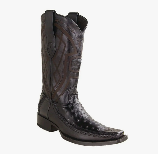 Los Altos Genuine Ostrich Stitched Narrow Square Toe Boot in Black