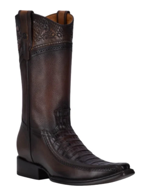 Cuadra Genuine Caiman Belly Narrow Square Toe Boot in Chocolate