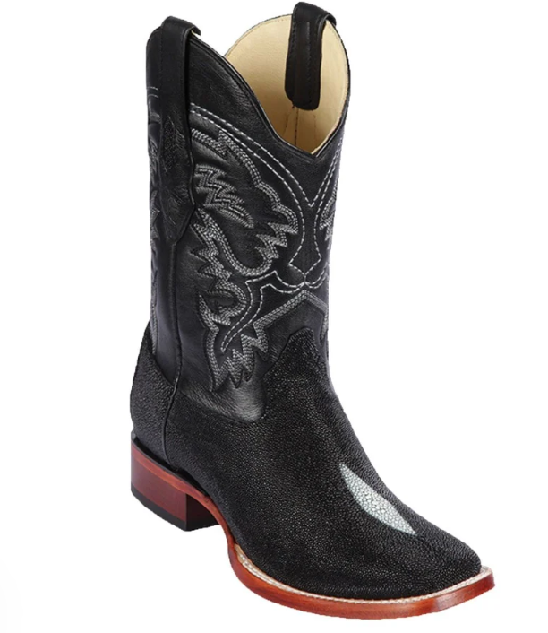 Los Altos Genuine Single Rowstone Stingray Wide Square Toe Boot in Black