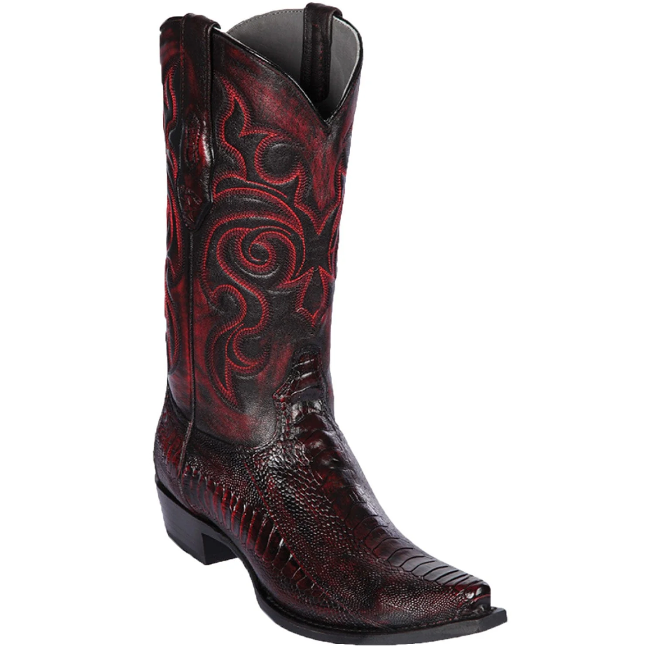 Los Altos Genuine Ostrich Leg Snip Toe Boot in Black Cherry