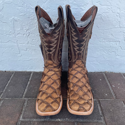 Genuine Pirarucu Wide Square Toe Boot in Caramel