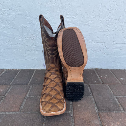 Genuine Pirarucu Wide Square Toe Boot in Caramel