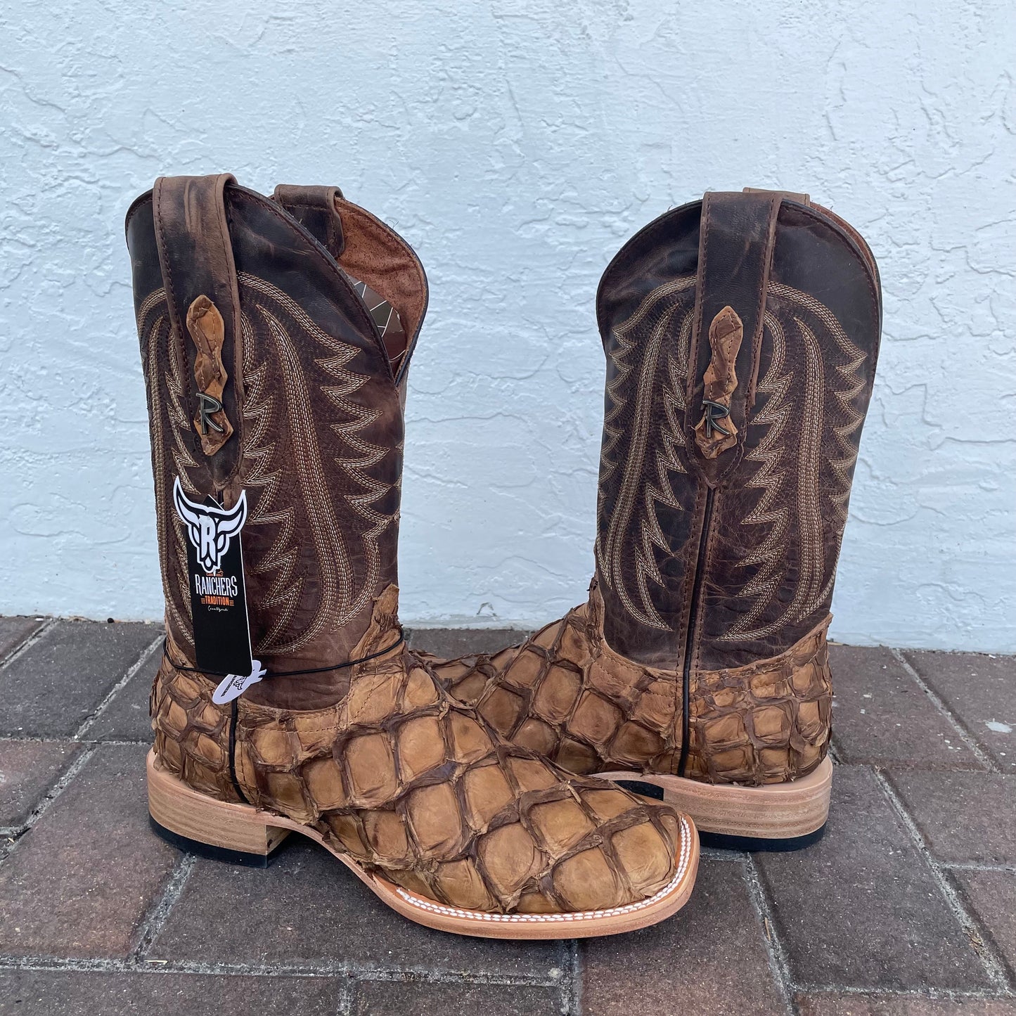 Genuine Pirarucu Wide Square Toe Boot in Caramel