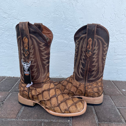 Genuine Pirarucu Wide Square Toe Boot in Caramel
