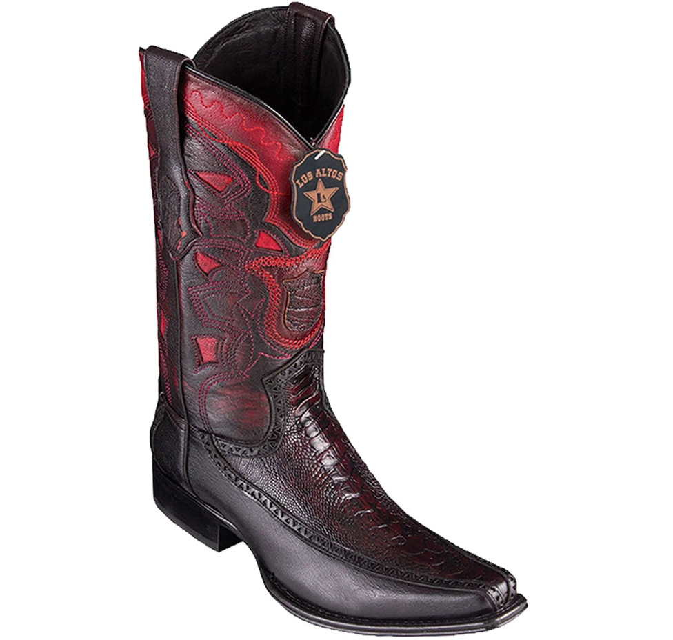 Los Altos Genuine Ostrich Leg Stitched Narrow Square Toe Boot in Black Cherry