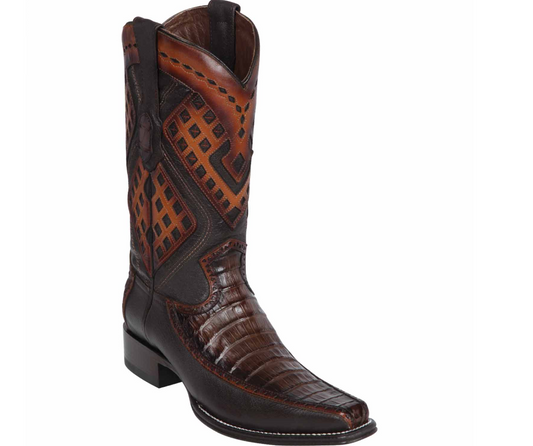 Los Altos Genuine Caiman Belly Narrow Square Toe Boot with Inlay Trim in Faded Brown