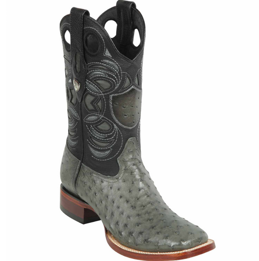 Genuine Ostrich Wide Square Toe Boot in Gray