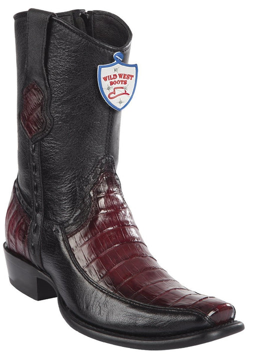 Genuine Caiman Belly Stitched Ankle Boot in Faded Burgandy