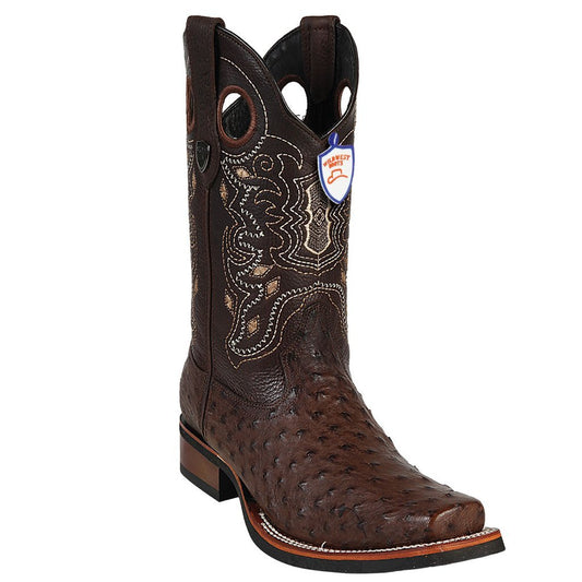 WWB Genuine Ostrich Square Toe Boot with a Rubber Sole in Brown