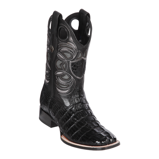 Genuine Caiman Tail Wide Square Toe Boot in Black