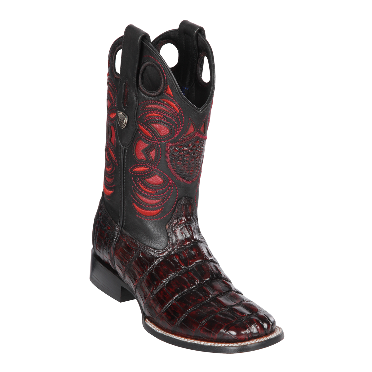 Genuine Caiman Tail Wide Square Toe Boot in BlackCherry