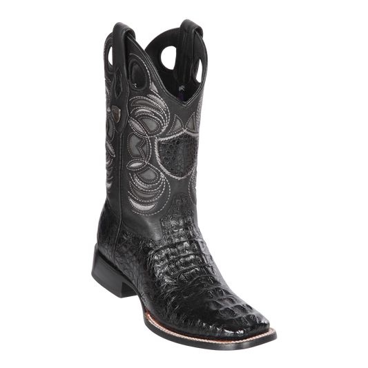 Genuine Caiman Hornback Wide Square Toe Boot in Black