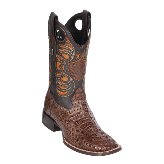 Genuine Caiman Hornback Wide Square Toe Boot in Brown