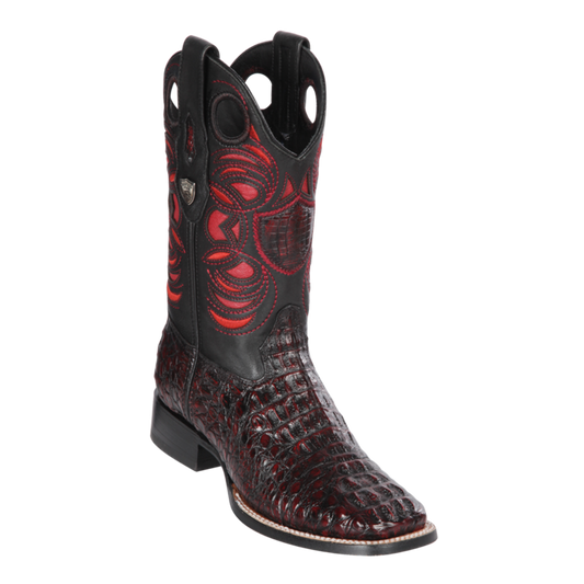 Genuine Caiman Hornback Wide Square Toe Boot in BlackCherry