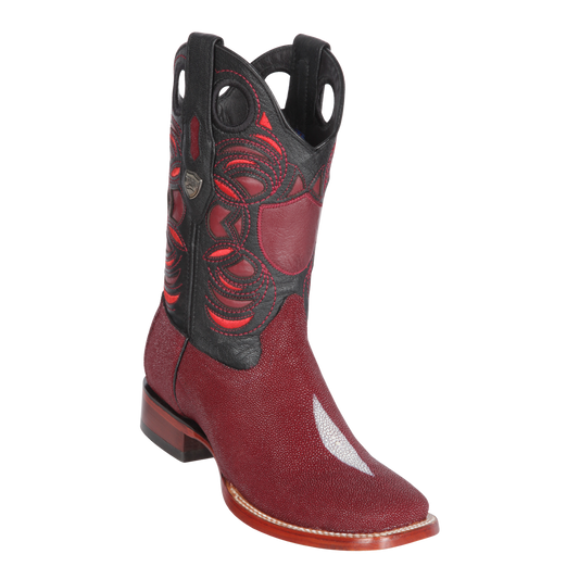 Genuine Single Stone Stingray Wide Square Toe Boot in Burgundy