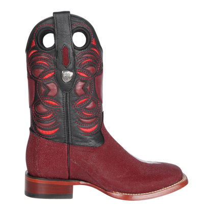 Genuine Single Stone Stingray Wide Square Toe Boot in Burgundy