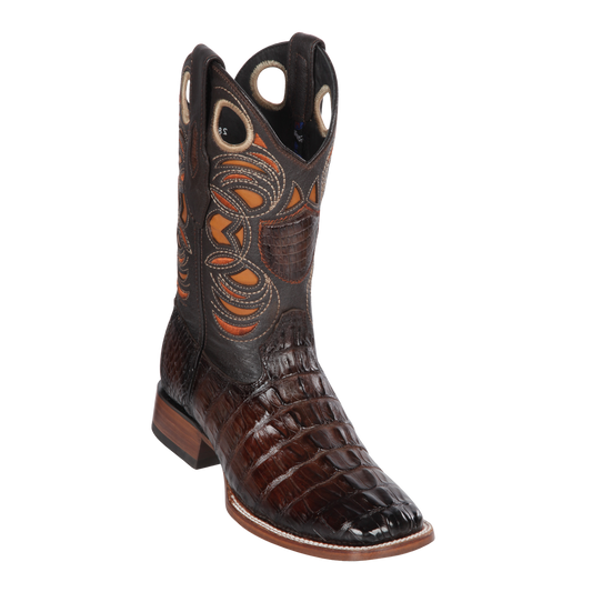 Genuine Caiman Tail Wide Square Toe Boot in Faded Brown