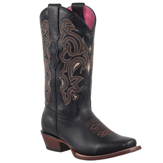 Grasso Leather Square Toe Boot in Black w/ Embroidered Shaft