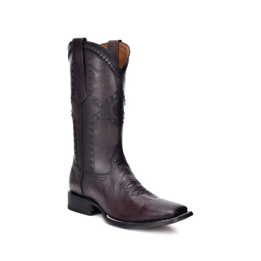 Cuadra Genuine Ostrich Belly Wide Square Toe Boot in Black Cherry