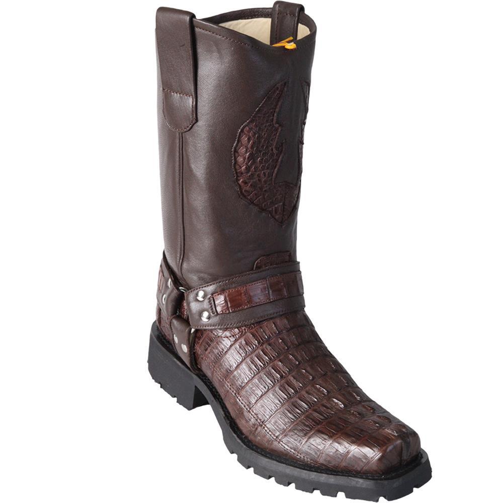 Los Altos Genuine Caiman Tail Biker Boot with a Rubber Sole in Brown