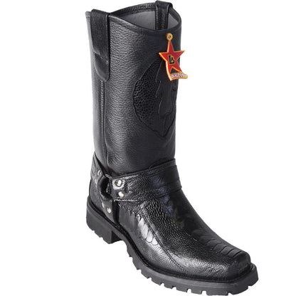 Los Altos Genuine Ostrich Leg Biker Boot with a Rubber Sole in Black