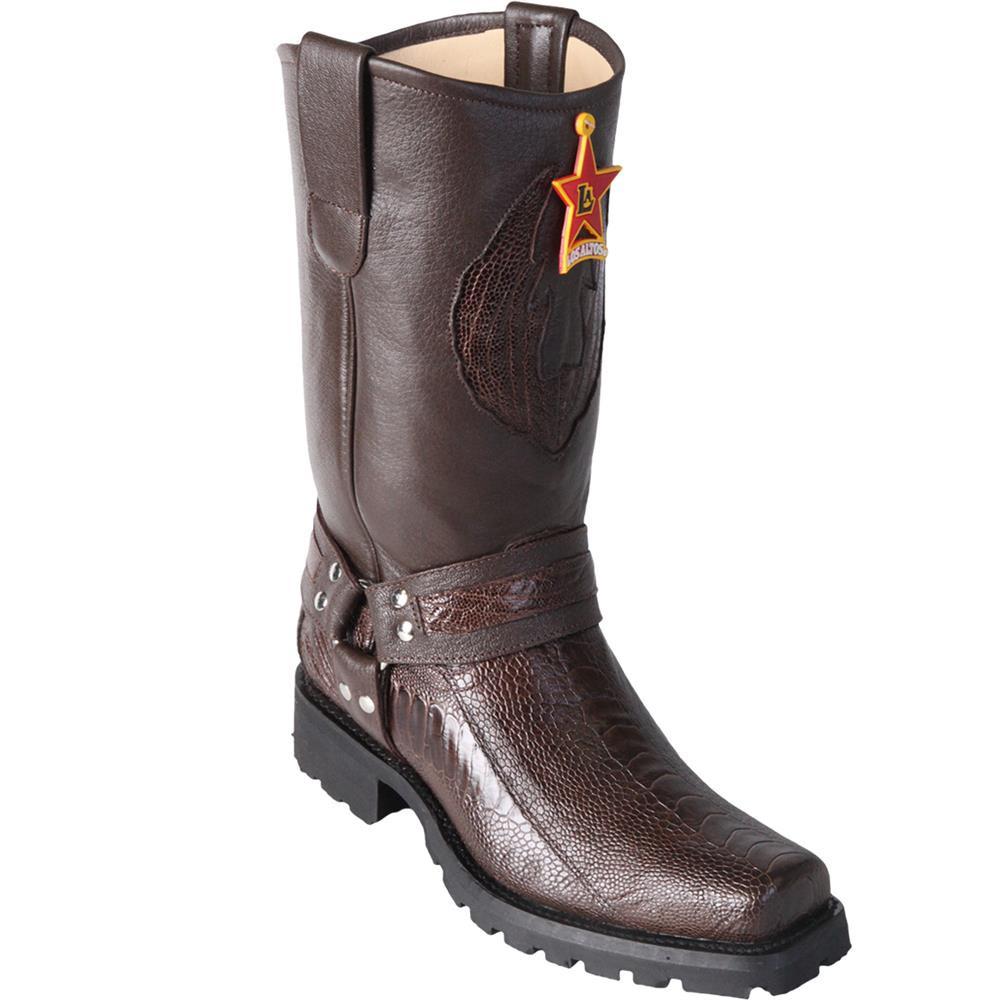 Los Altos Genuine Ostrich Leg Biker Boot with a Rubber Sole in Brown