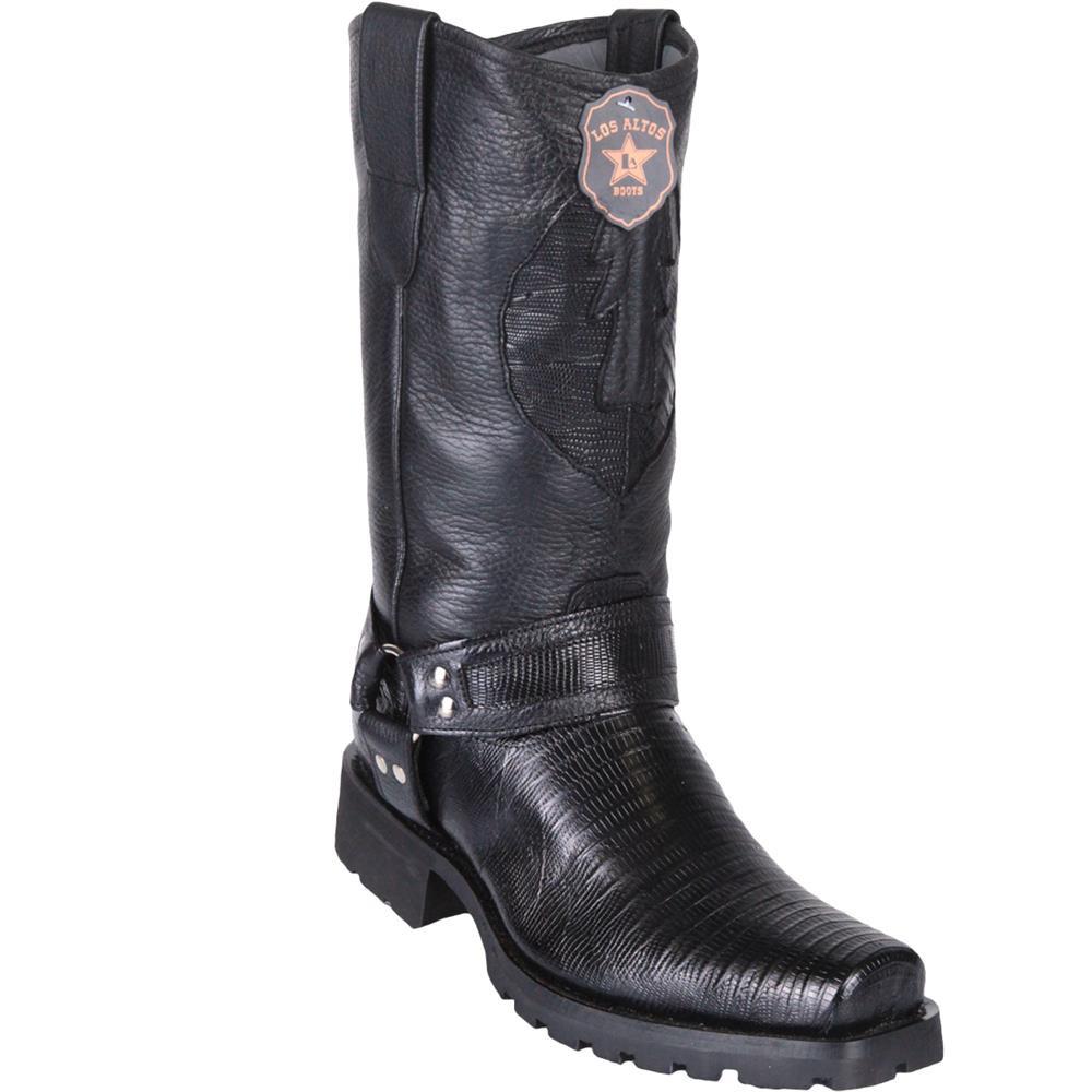 Los Altos Genuine Teju Lizard Biker Boot with a Rubber Sole in Black