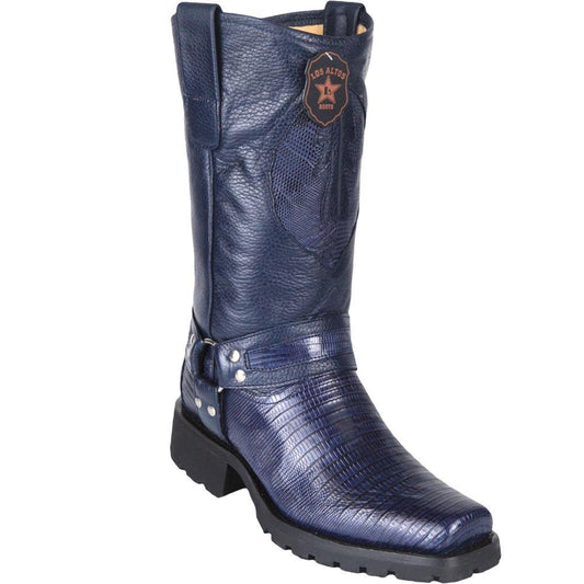 Los Altos Genuine Teju Lizard Biker Boot with a Rubber Sole in Navy Blue