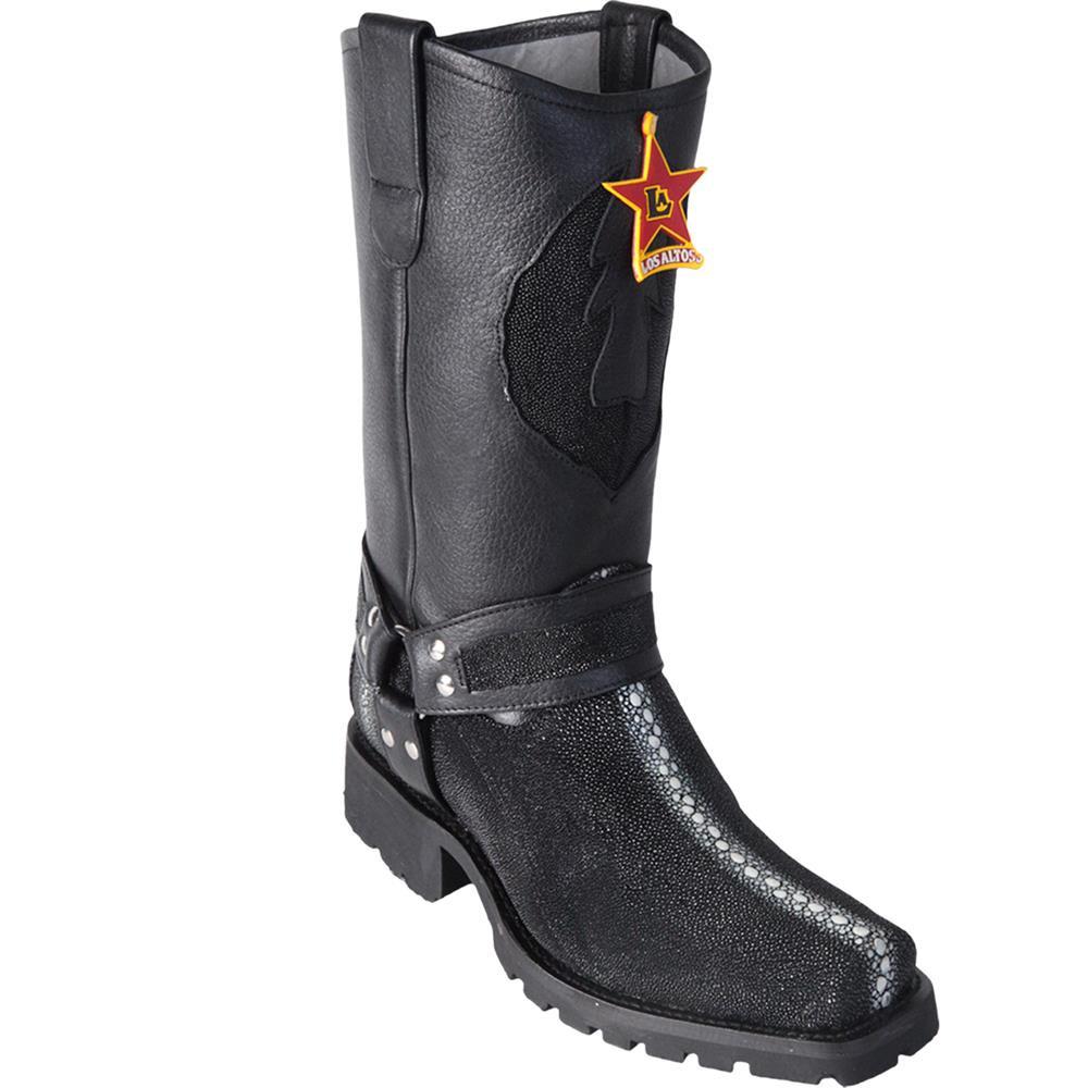 Los Altos Genuine Full Rowstone Stingray Biker Boot with a Rubber Sole in Black