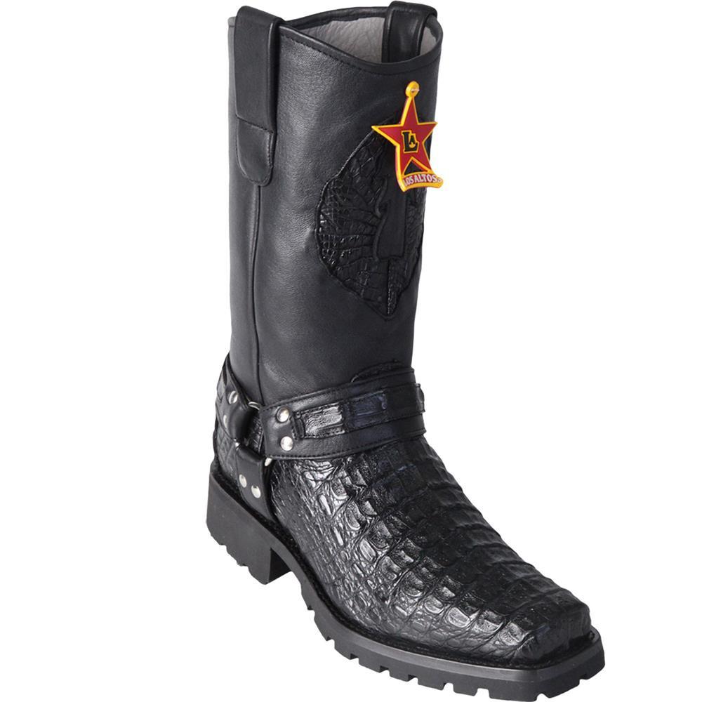 Los Altos Genuine Caiman Belly Biker Boot with a Rubber Sole in Black