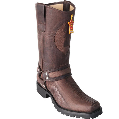 Los Altos Genuine Ostrich Leg Biker Boot with a Rubber Sole in Greasy Finish Brown