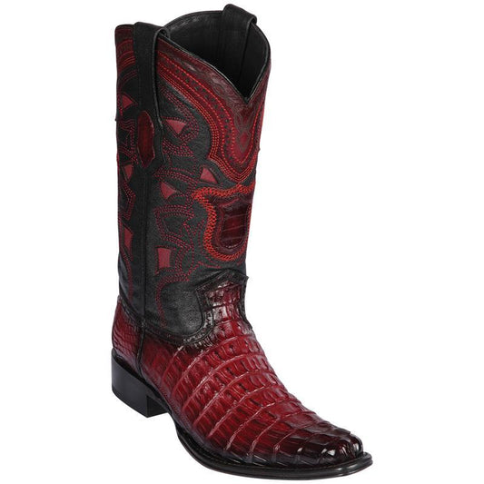 Los Altos Genuine Caiman Tail Narrow Square Toe Boot in Faded Burgandy