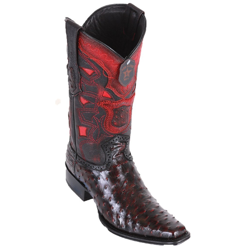 Los Altos Genuine Ostrich Narrow Square Toe Boot in Black Cherry