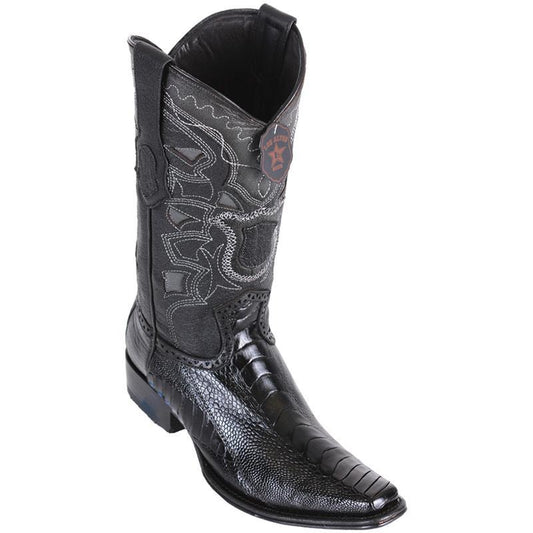 Genuine Ostrich Leg Narrow Square Toe Boot with in Black