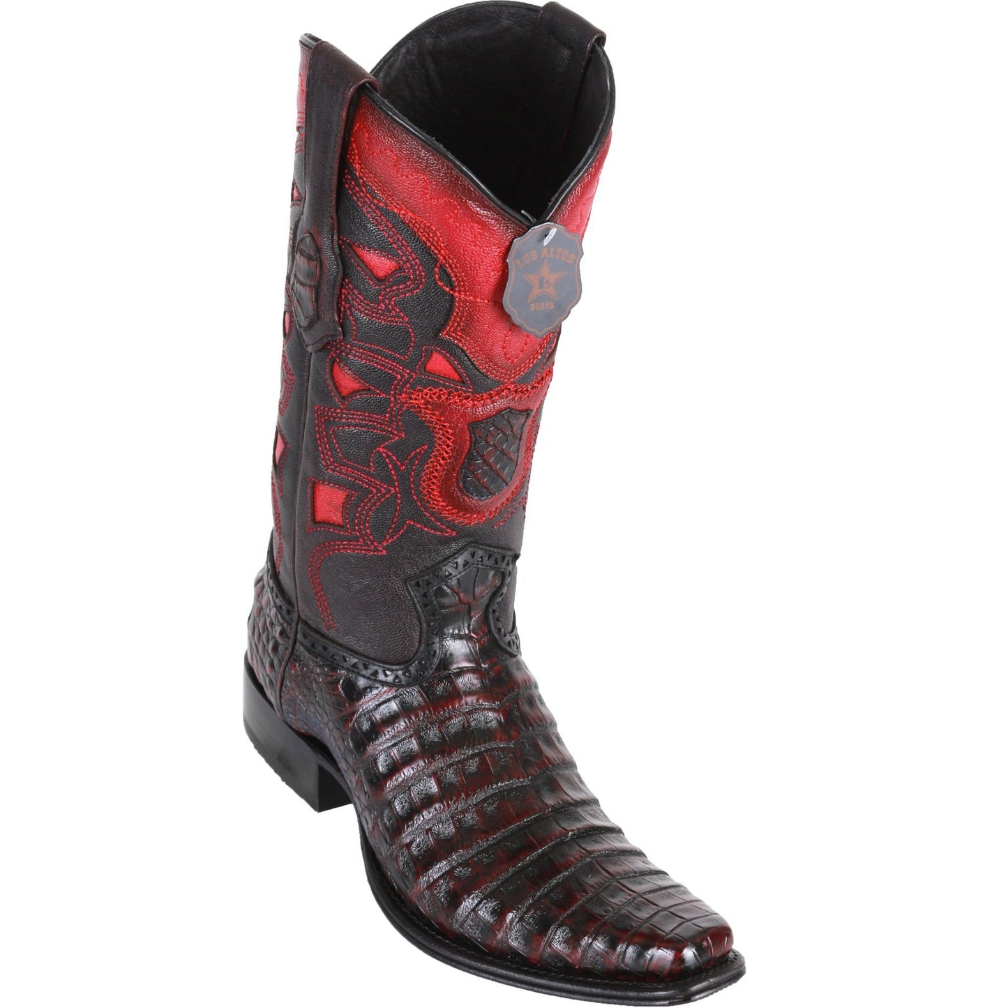 Los Altos Genuine Caiman Belly Narrow Square Toe Boot in Black Cherry