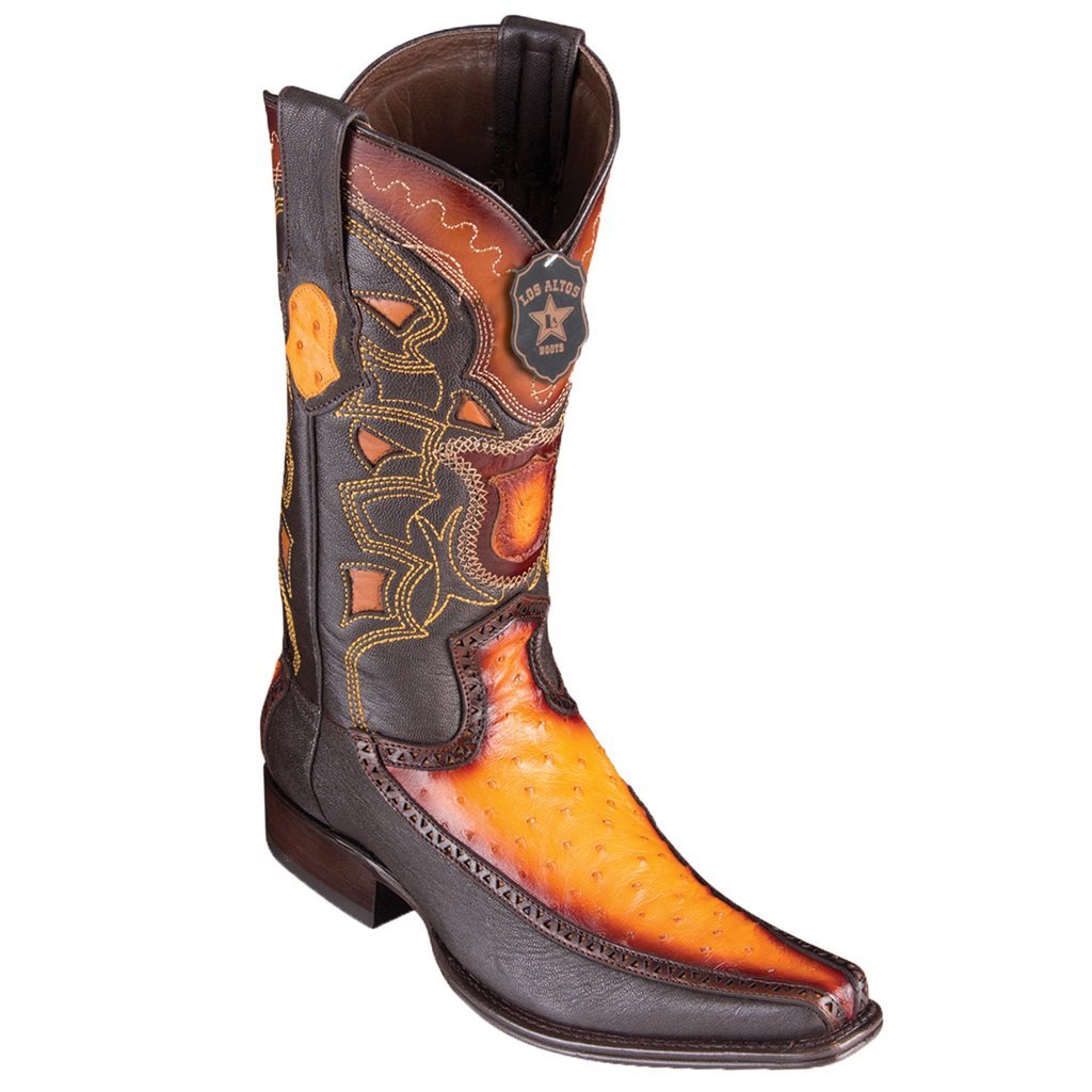 Los Altos Genuine Ostrich Narrow Square Toe Boot with Inlay Trim in Faded Buttercup