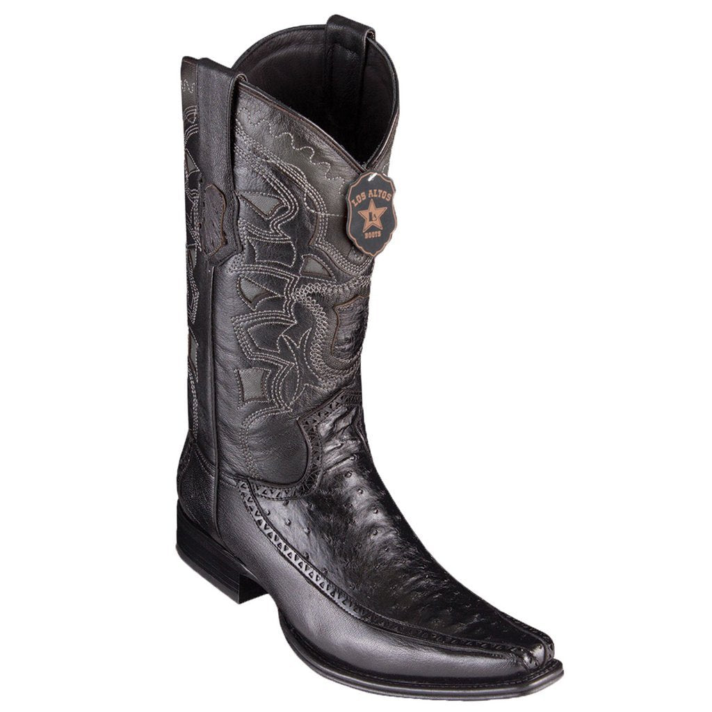 Los Altos Genuine Ostrich Narrow Square Toe Boot with Inlay Trim in Black