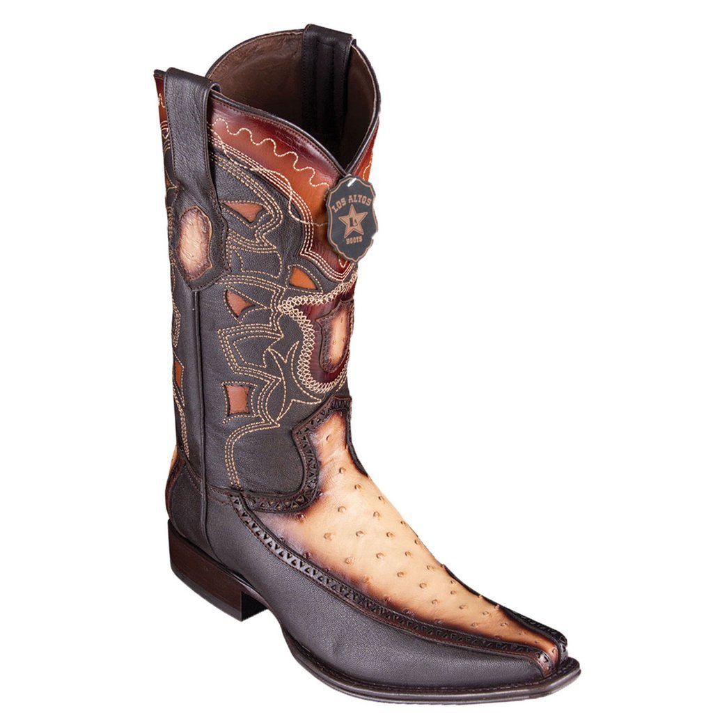 Los Altos Genuine Ostrich Narrow Square Toe Boot with Inlay Trim in Faded Oryx