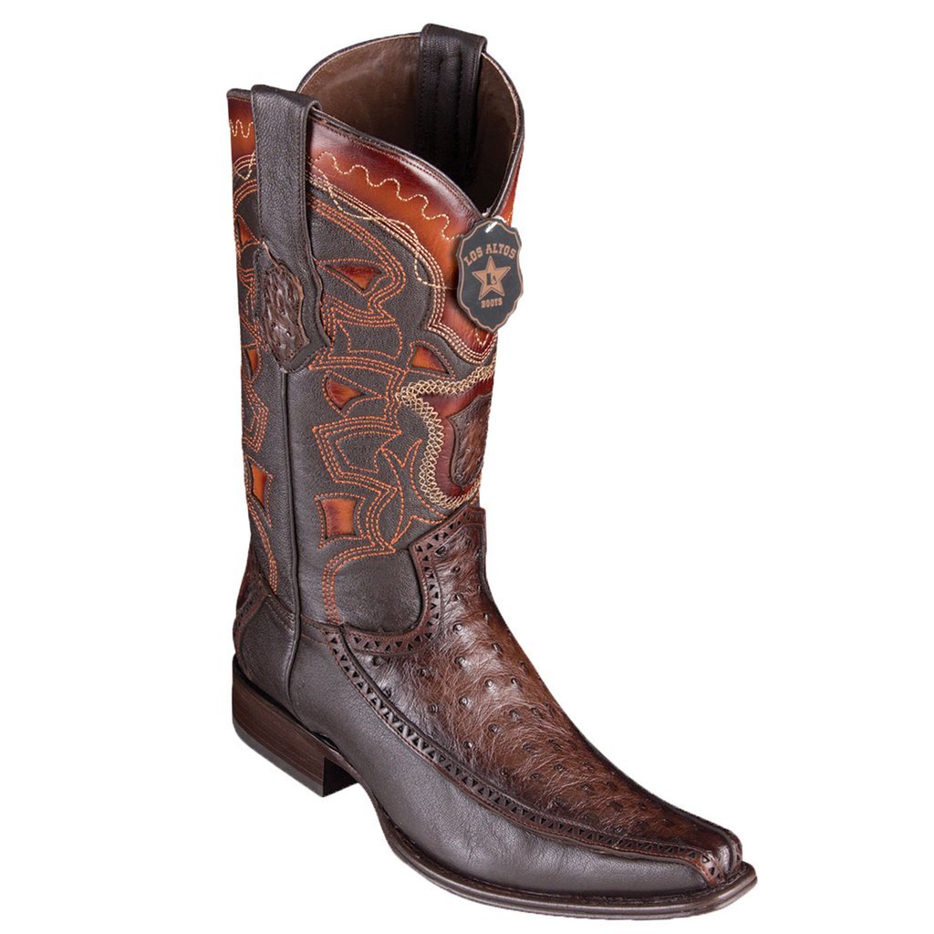 Los Altos Genuine Ostrich Narrow Square Toe Boot with Inlay Trim in Faded Brown